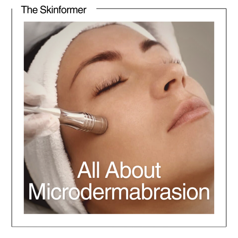 All about Microdermabrasion. Text over image of woman receiving skin treatment.