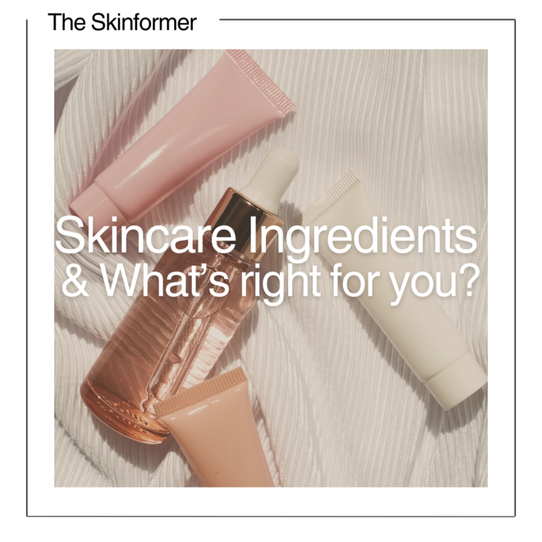 Image showing a serum, cleanser and moisturizer tossed on a sheet. Text overlay reads 'skincare ingredients and what's right for you?'