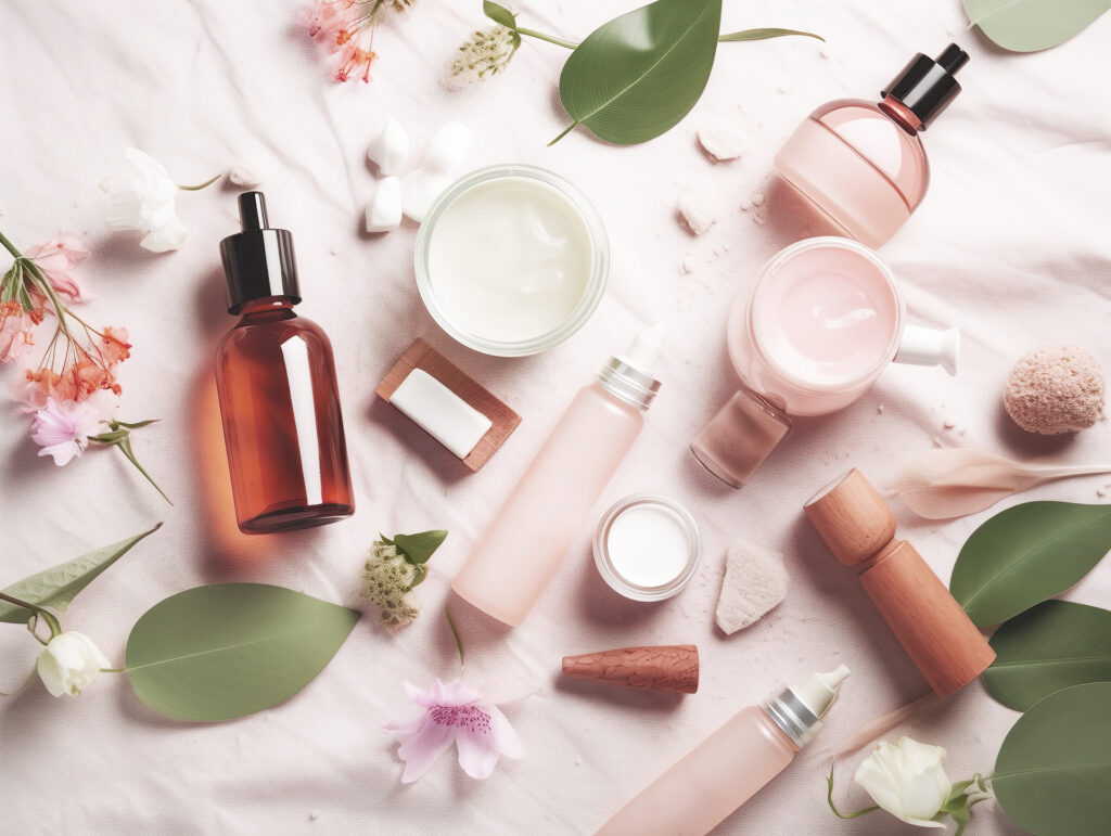 Assorted bottles and skincare products