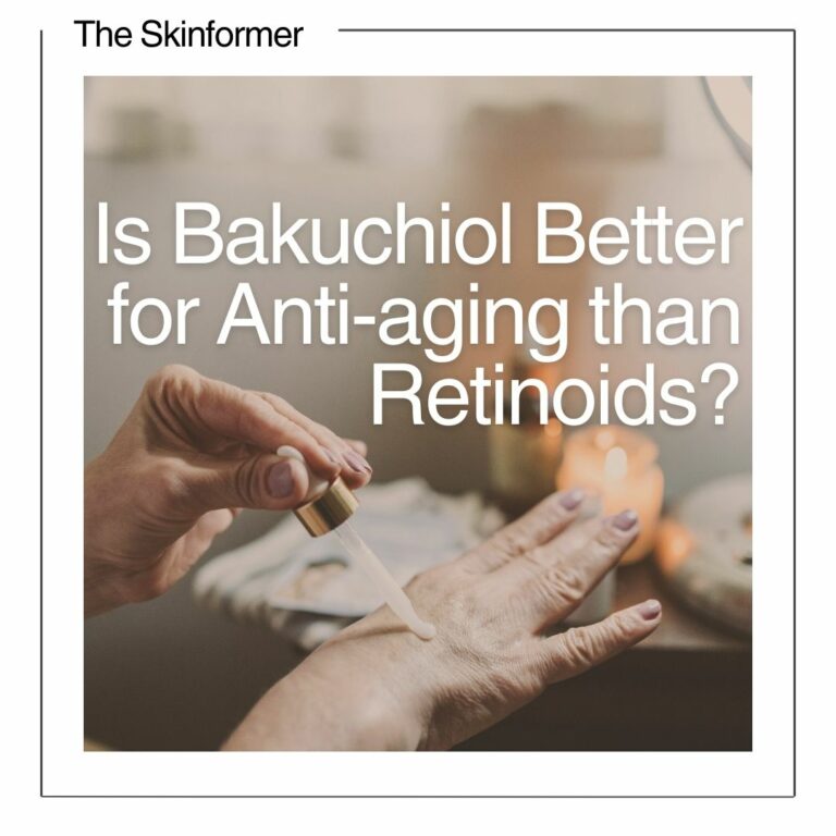 Close up of hand applying serum. Text overlay reads 'Is Bakuchiol Better for Anti-aging than Retinoids?'