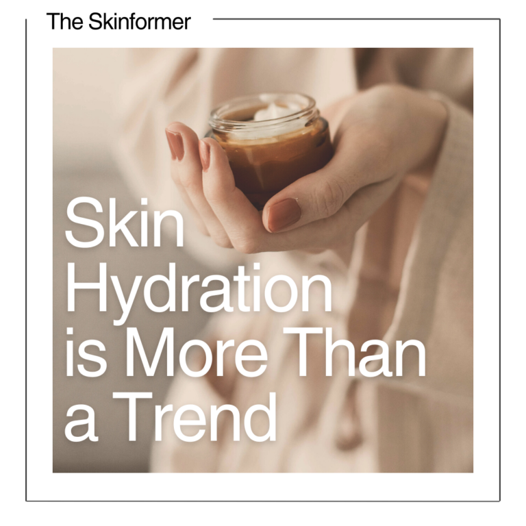 Close up of hand holding a jar of moisurizing cream for skin care. Text overlay reads "Skin Hydration is More Than a Trend"